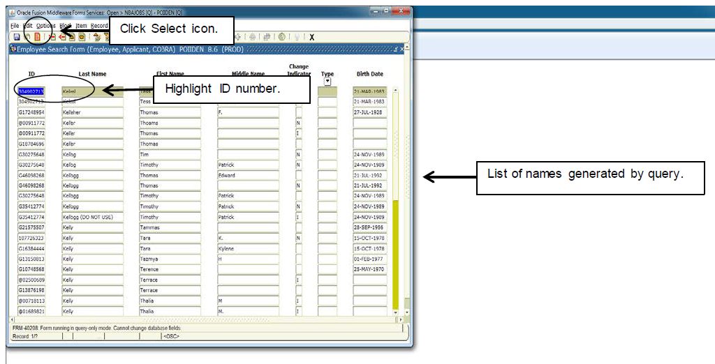Showing list of names generated by query