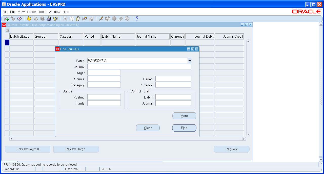image of find journal entries screen in EAS
