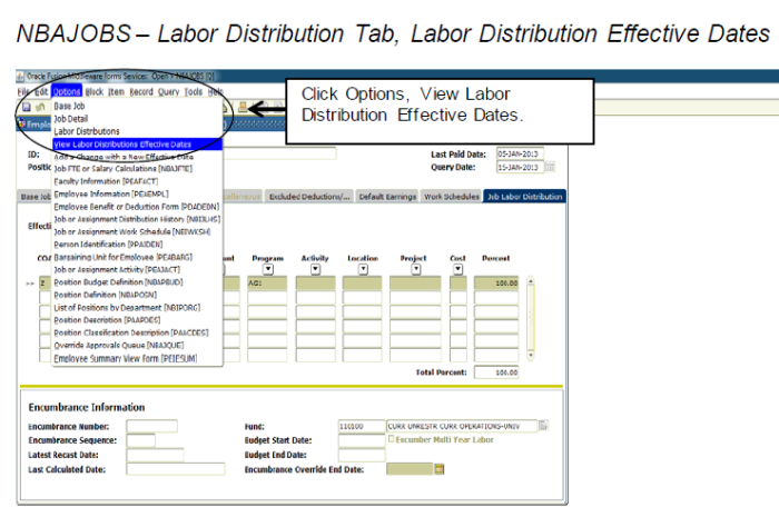 Labor Distribution Effective Dates selection