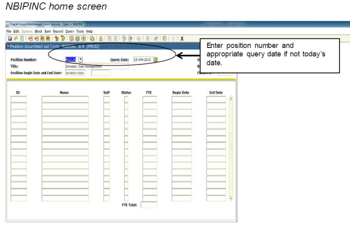 Position number and query date on Position Incumbent list form